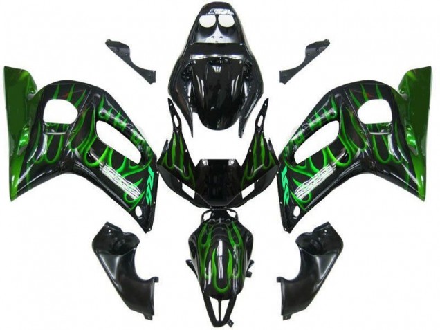 Carénage Moto R6 1998-2002 - Noir Vert Flamme Vente en Gros Carénage Moto R6 1998-2002 - Noir Vert Flamme Vente en Gros