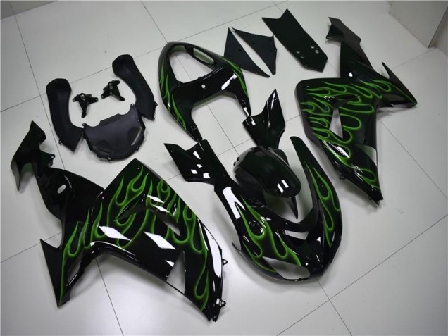 Carénage Moto ZX10R 2006-2007 - Noir Vert Flamme Vente en Gros Carénage Moto ZX10R 2006-2007 - Noir Vert Flamme Vente en Gros