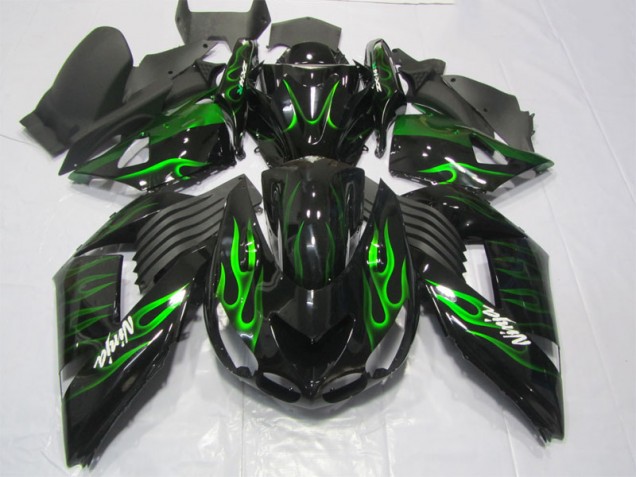 Carénage Moto ZX14R ZZR 1400 2006-2011 - Noir Vert Flamme Ninja Vente en Gros Carénage Moto ZX14R ZZR 1400 2006-2011 - Noir Vert Flamme Ninja Vente en Gros